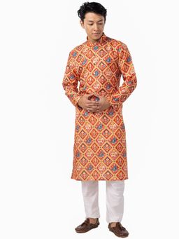 THE KURTA COMPANY - Mens Ruby Multi-Color Cotton Poly Blend Comfort Fit Printed Kurta