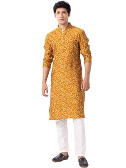 THE KURTA COMPANY - Mens Mustard Cotton Blend Printed Ethnic Kurta
