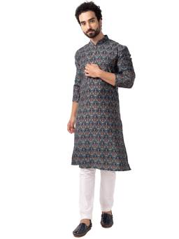 THE KURTA COMPANY - Mens Teal Blue Cotton Silk Blend Comfort Fit Kurta