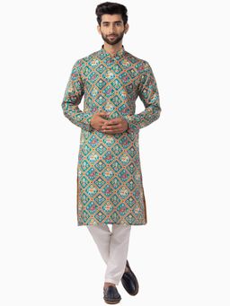 THE KURTA COMPANY - Mens Rama Green Tussar Silk Printed Ethnic Kurta