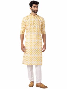 THE KURTA COMPANY - Mens Yellow Cotton Blend Printed Ethnic Kurta