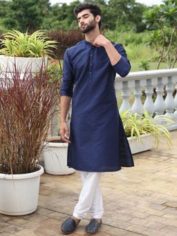 THE KURTA COMPANY - Mens Navy Blue Cotton Silk Blend Comfort Fit Kurta