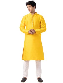 THE KURTA COMPANY - Mens Golden Yellow Silk Blend Solid Ethnic Kurta