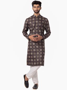 THE KURTA COMPANY - Mens Navy Blue - Red - Yellow Cotton Poly Blend Comfort Fit Printed Kurta