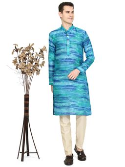 THE KURTA COMPANY - Mens Printed Aqua Blue Cotton Blend Kurta