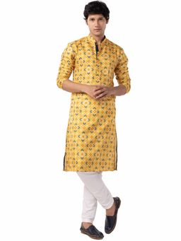 THE KURTA COMPANY - Mens Lemon Yellow Tussar Silk Printed Ethnic Kurta