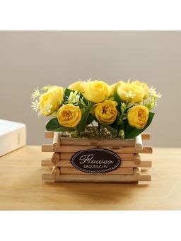 UMAI - Artificial Tea Rose Plant with Wooden Pot| Little Yellow Flowers