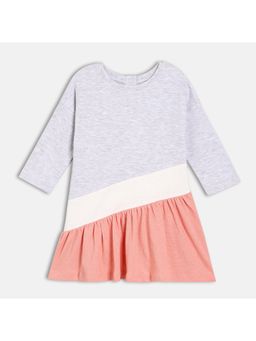MINI KLUB - Knit Long Sleeve Colorblock Knee Length Dress - Grey, White & Pink