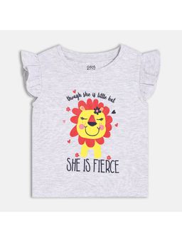 MINI KLUB - Knit Cap Sleeve Lion Print Top - Grey