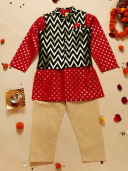 SAKA DESIGNS - Boy's Red Printed Kurta and Pajama with Black Jacket (Set of 3)