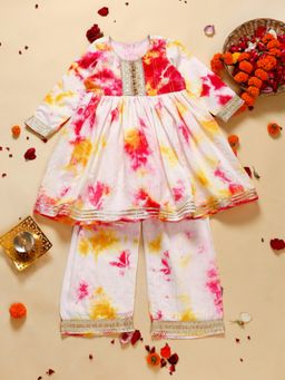 SAKA DESIGNS - Girl's Tie Dye Pink Printed Anarkali Kurta and Trouser (Set of 2)