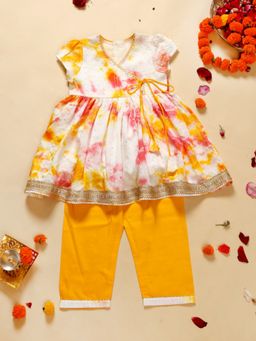 SAKA DESIGNS - Girl's Tie Dye Yellow Printed Anarkali Kurta and Trouser (Set of 2)