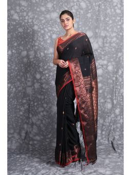 CHARUKRITI - Black Copper-Toned Woven Design Zari Pure Cotton Saree with Unstiched Blouse
