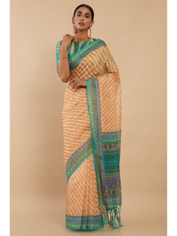 Soch - Mustard Chanderi Striped Saree with Unstitched