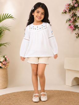Miyo - Girls Embroidered Cotton Top with Puff Sleeves
