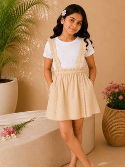 Miyo - Girls Solid Stylish Everyday Suspender Skirt-Beige