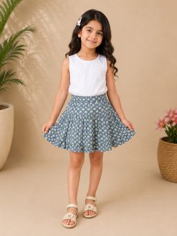 Miyo - Girls Floral Printed Layered Soft Casual Skirt-Grey
