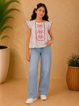Miyo - Girls Floral Embroidered Flutter Sleeve Top
