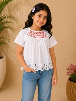 Miyo - Girls White Embroidered Cotton Top