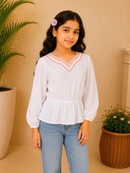 Miyo - Girls White Embroidered Peplum Cotton Top