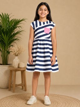 Miyo - Girls Navy and White Stripes Fit and Flare Dress