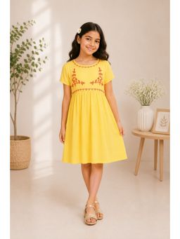 Miyo - Girls Yellow Embroidered Fit and Flare Dress