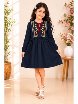 Miyo - Girls Tassel Tie-Up Floral Embroidered Fit and Flare Dress