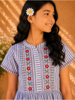 Miyo - Girls Blue and White Stripes Embroidered Dress