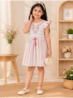 Miyo - Girls Multi-Color Stripes Embroidered Dress