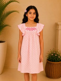 Miyo - Girls Pink Printed Embroidered Dress