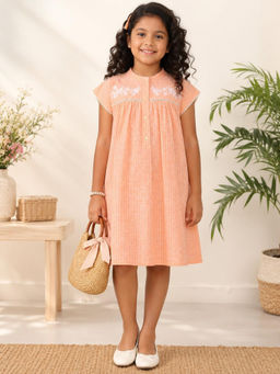 Miyo - Girls Peach Stripes Embroidered Dress