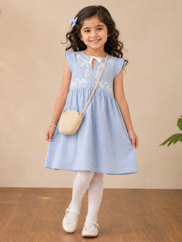 Miyo - Girls Light Blue Stripes Embroidered Dress