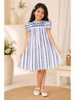 Miyo - Girls Blue Stripes Embroidered Dress