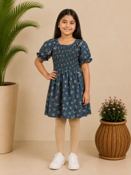 Miyo - Girls Teal Blue Floral Smocked Dress