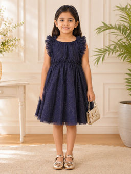 Miyo - Girls Navy Blue Glitter Net Party Dress