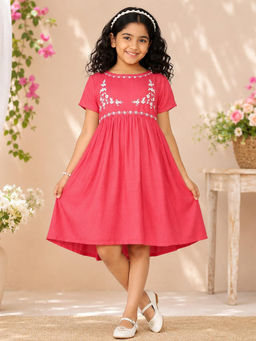 Miyo - Girls Dark Pink Embroidered Gathered Dress