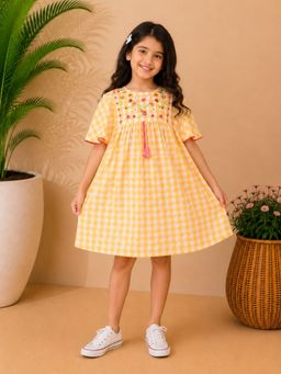 Miyo - Girls Yellow Gingham Embroidered Dress