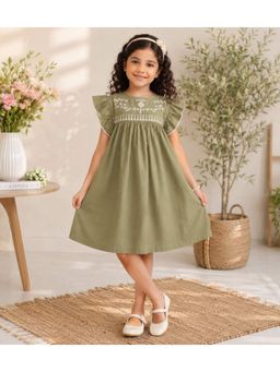 Miyo - Girls Olive Green Embroidered Gathered Dress