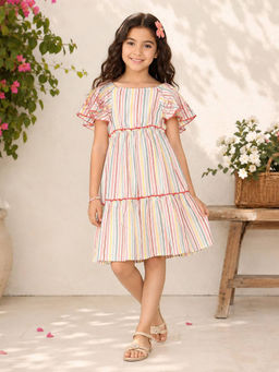 Miyo - Girls Multi Stripes Embroidered Cut-Out Dress