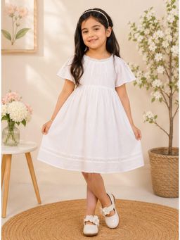 Miyo - Girls Off-White Lace Insert Gathered Dress