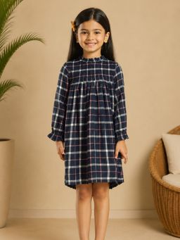 Miyo - Girls Navy Blue Checks Smocked Dress