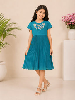 Miyo - Girls Teal Floral Embroidered Pleated Dress