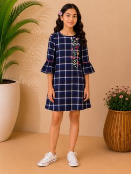 Miyo - Girls Embroidered Checks Shift Dress