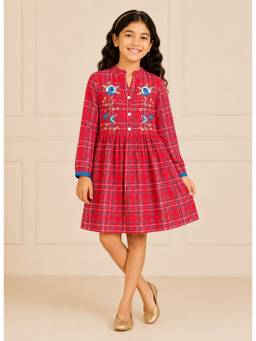 Miyo - Girls Checks Embroidered Fit and Flare Dress