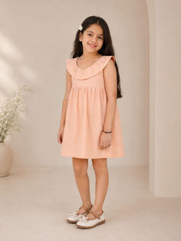 Miyo - Girls Peach Ruffled Gathered Dress