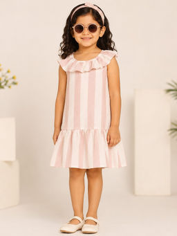 Miyo - Girls Beige Stripes Ruffled Dress