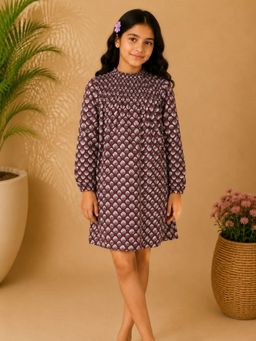 Miyo - Girls Maroon Smocked Floral Dress