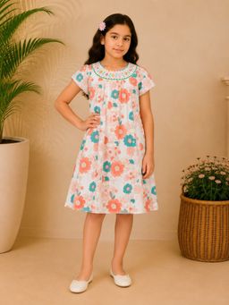 Miyo - Girls Peach Floral Printed A-Line Dress