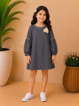 Miyo - Girls Floral Applique Polka Dot A-Line Dress