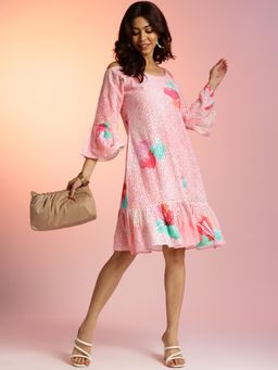 Navyasa By Liva - Pink Liva Floral Print Knee Length Dress